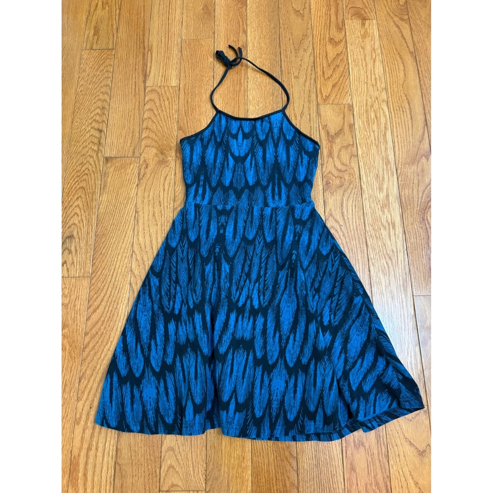 Express Womens‎ Blue Black Abstract Feather Print Halter Fit & Flare Dress XS